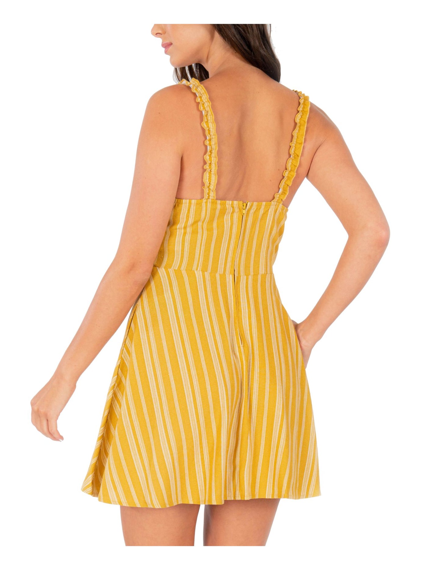 SPEECHLESS Womens Yellow Stretch Ruffled Tie Striped Sleeveless Scoop Neck Mini Fit + Flare Dress Juniors XS