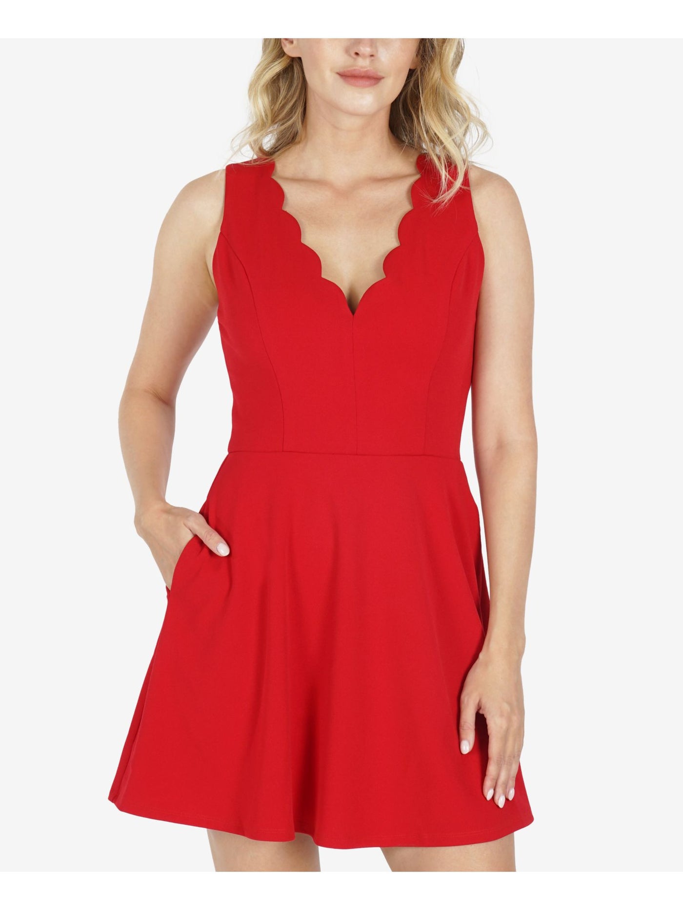 SPEECHLESS Womens Red Pocketed Scalloped Sleeveless V Neck Short Party Fit + Flare Dress Juniors XL