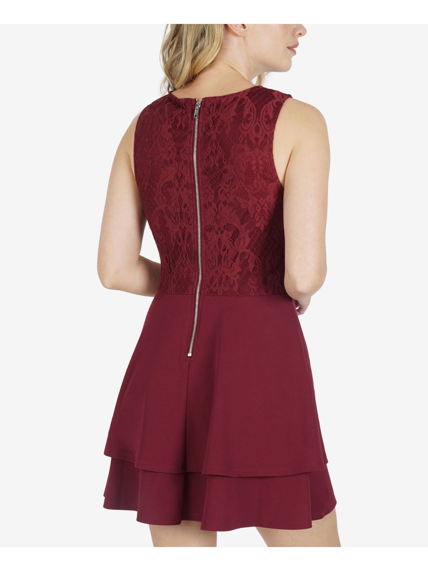 SPEECHLESS Womens Maroon Stretch Pocketed Zippered Lace Top Tiered Flounce Hem Sleeveless Jewel Neck Short Party Fit + Flare Dress Juniors XL