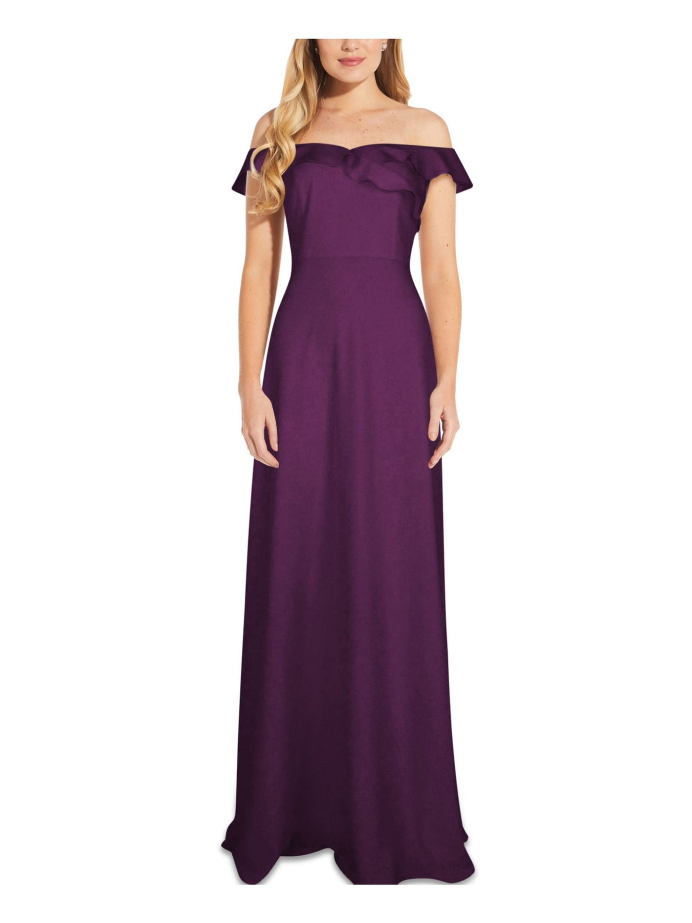 ADRIANNA PAPELL Womens Purple Ruffled Zippered Gown Sleeveless Off Shoulder Full-Length Formal Sheath Dress 2