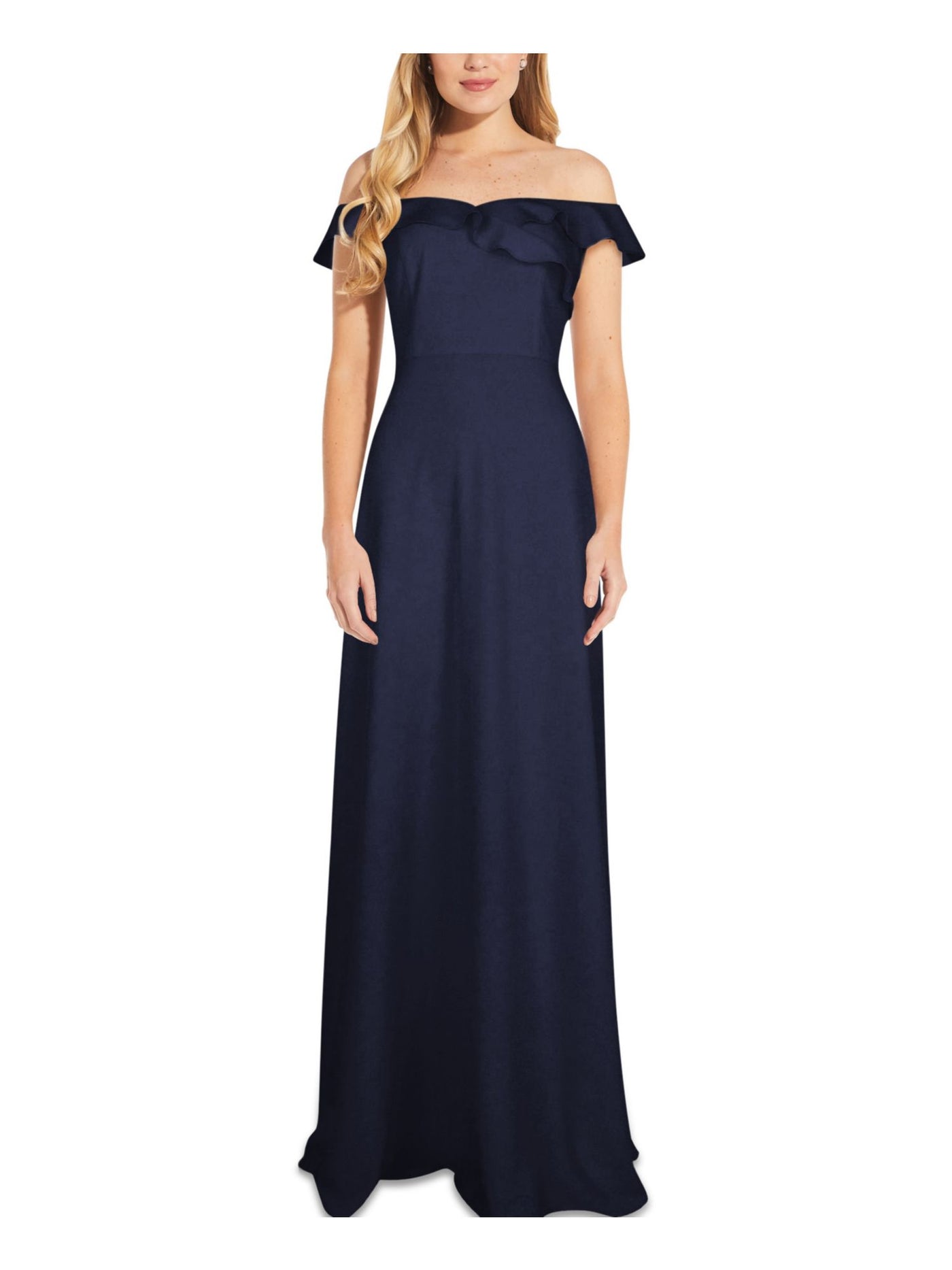 ADRIANNA PAPELL Womens Navy Ruffled Zippered Gown Lined Sleeveless Off Shoulder Full-Length Formal Sheath Dress 6