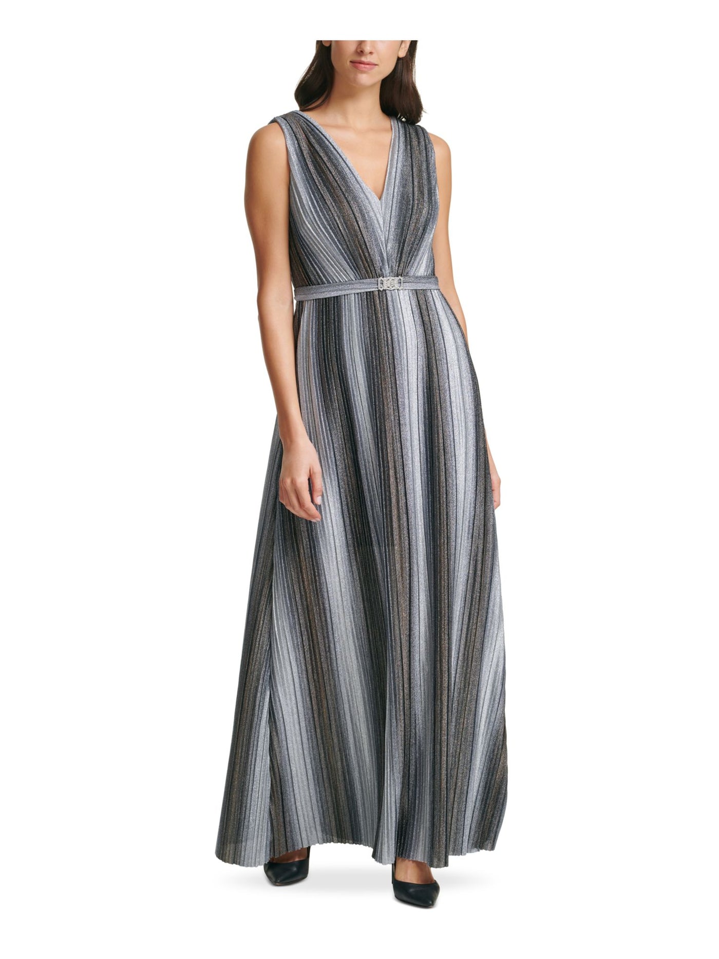 VINCE CAMUTO Womens Gray Glitter Belted Striped Sleeveless V Neck Full-Length Evening Fit + Flare Dress 10
