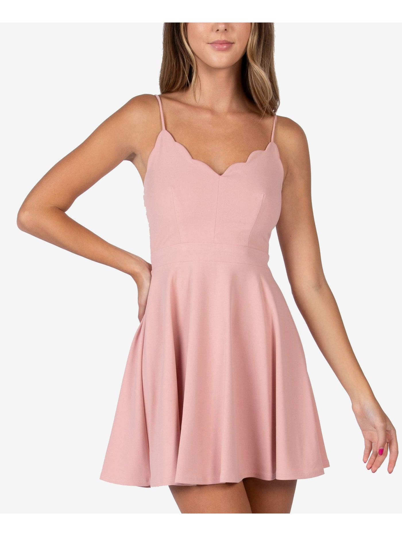 B DARLIN Womens Pink Stretch Zippered Fitted Scalloped Detail Spaghetti Strap V Neck Mini Evening Fit + Flare Dress Juniors 9\10
