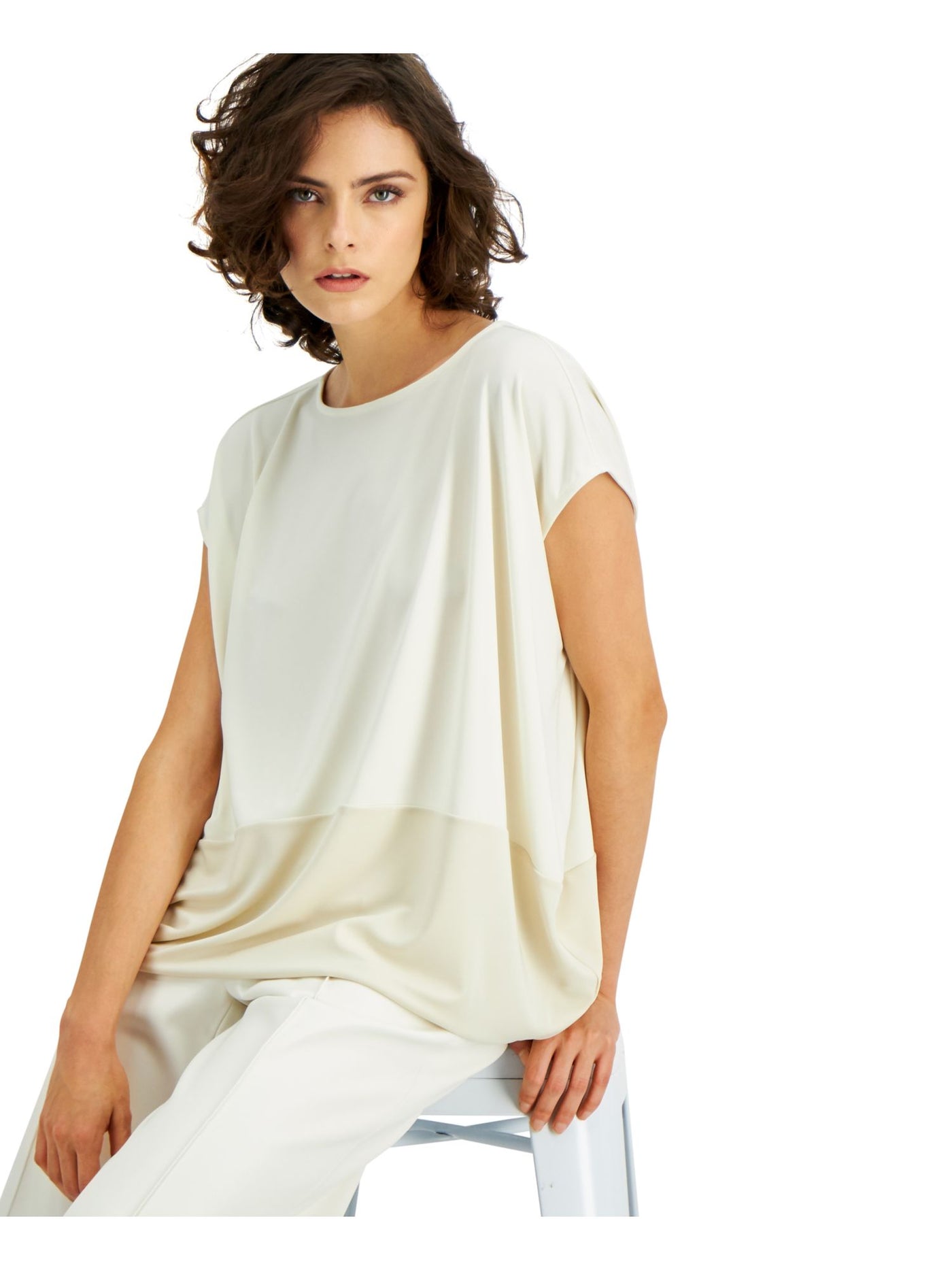 ALFANI Womens White Color Block Cap Sleeve Crew Neck T-Shirt Size: XS