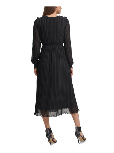 DKNY Womens Black Zippered Pleated Smocked Waist And Cuffs Long Sleeve Surplice Neckline Midi Party Sheath Dress 12
