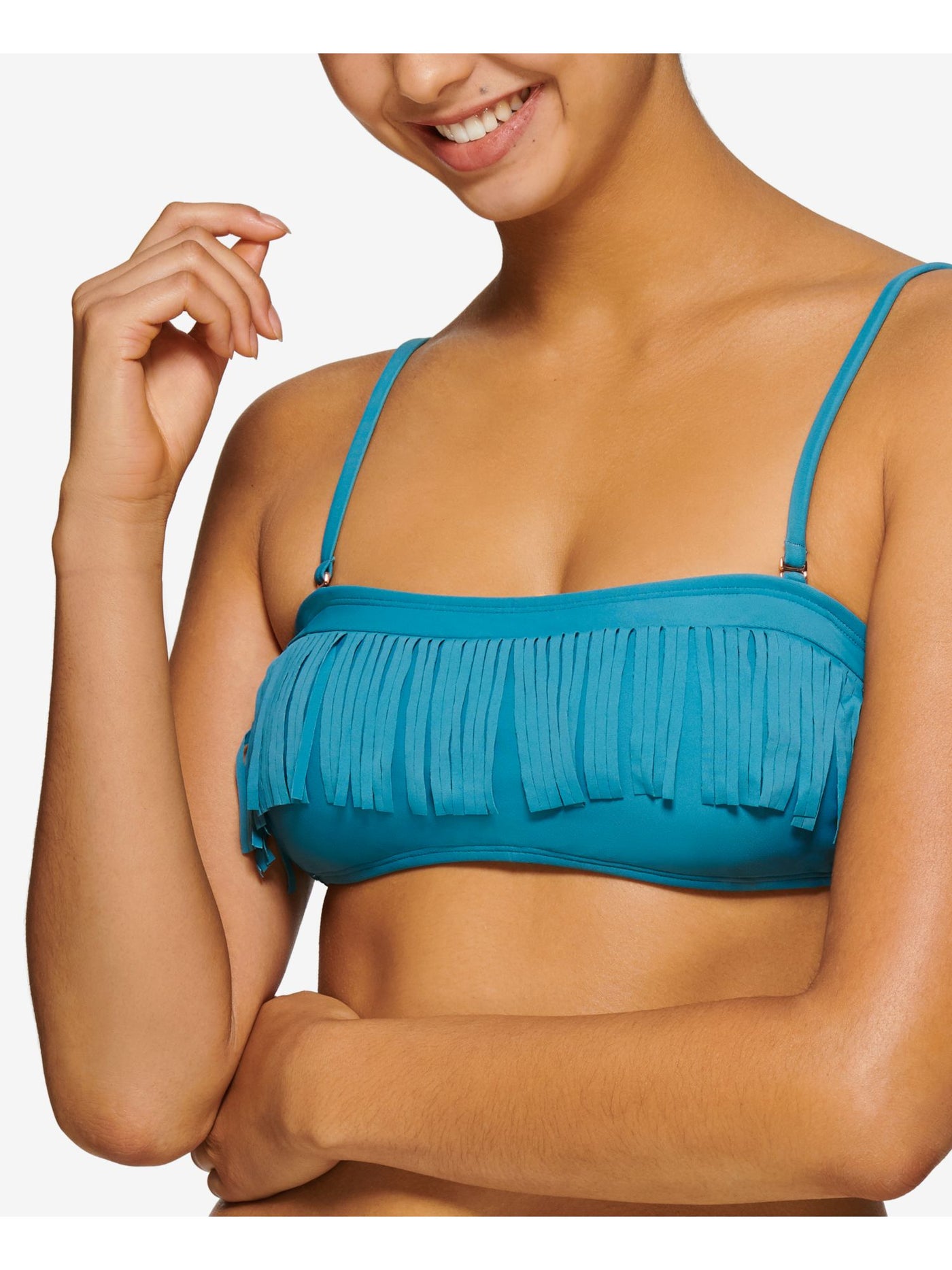 HULA HONEY Women's Blue Stretch Fringe Removable Cups Adjustable Tie Bandeau Swimsuit Top D\DD