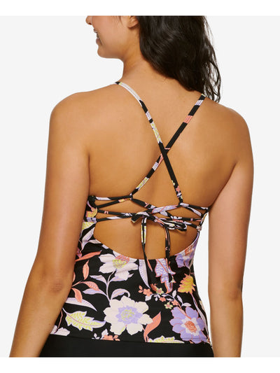 HULA HONEY Women's Black Tropical Print Stretch Criss-cross Detail Lined Strappy Fixed Cups Luna Tankini Swimsuit Top XS