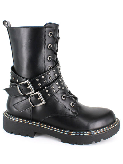 ZIGI SOHO Womens Black Laced Front Studded Buckle Accent Janet Round Toe Zip-Up Combat Boots 7 M