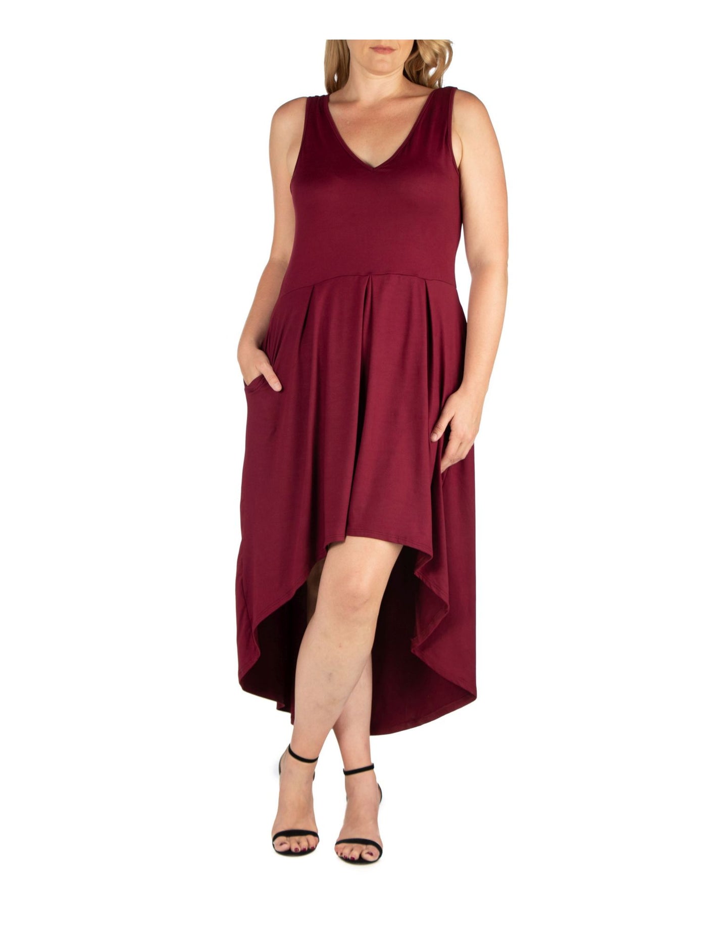 24 SEVEN COMFORT Womens Burgundy Pocketed Pleated Waist Pullover Sleeveless V Neck Tea-Length Party Hi-Lo Dress Plus 1X