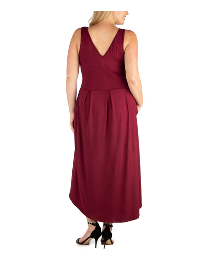 24 SEVEN COMFORT Womens Burgundy Pocketed Pleated Waist Pullover Sleeveless V Neck Tea-Length Party Hi-Lo Dress Plus 1X