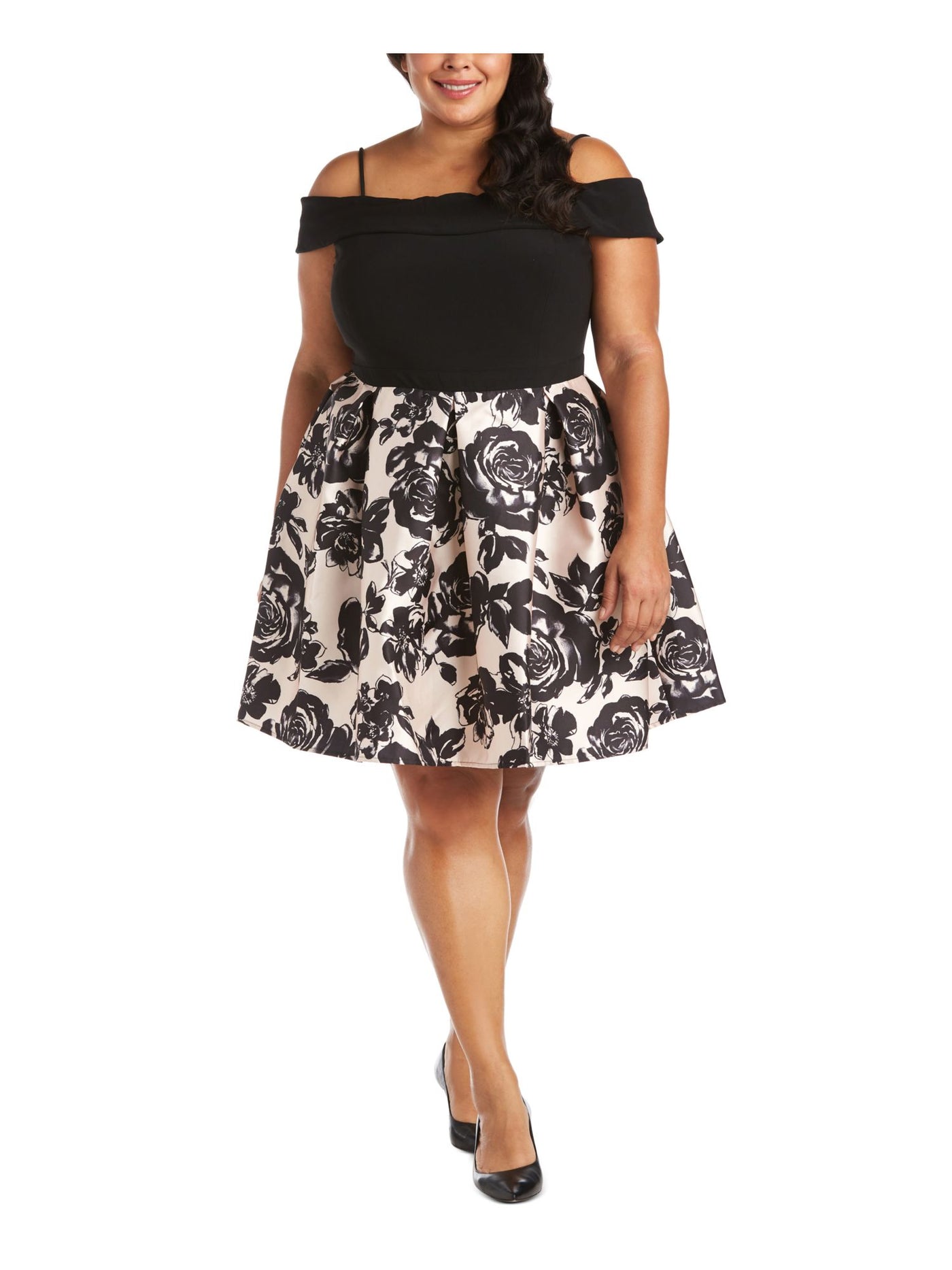 R&M RICHARDS Womens Black Floral Off Shoulder Above The Knee Cocktail Fit + Flare Dress Plus 18W