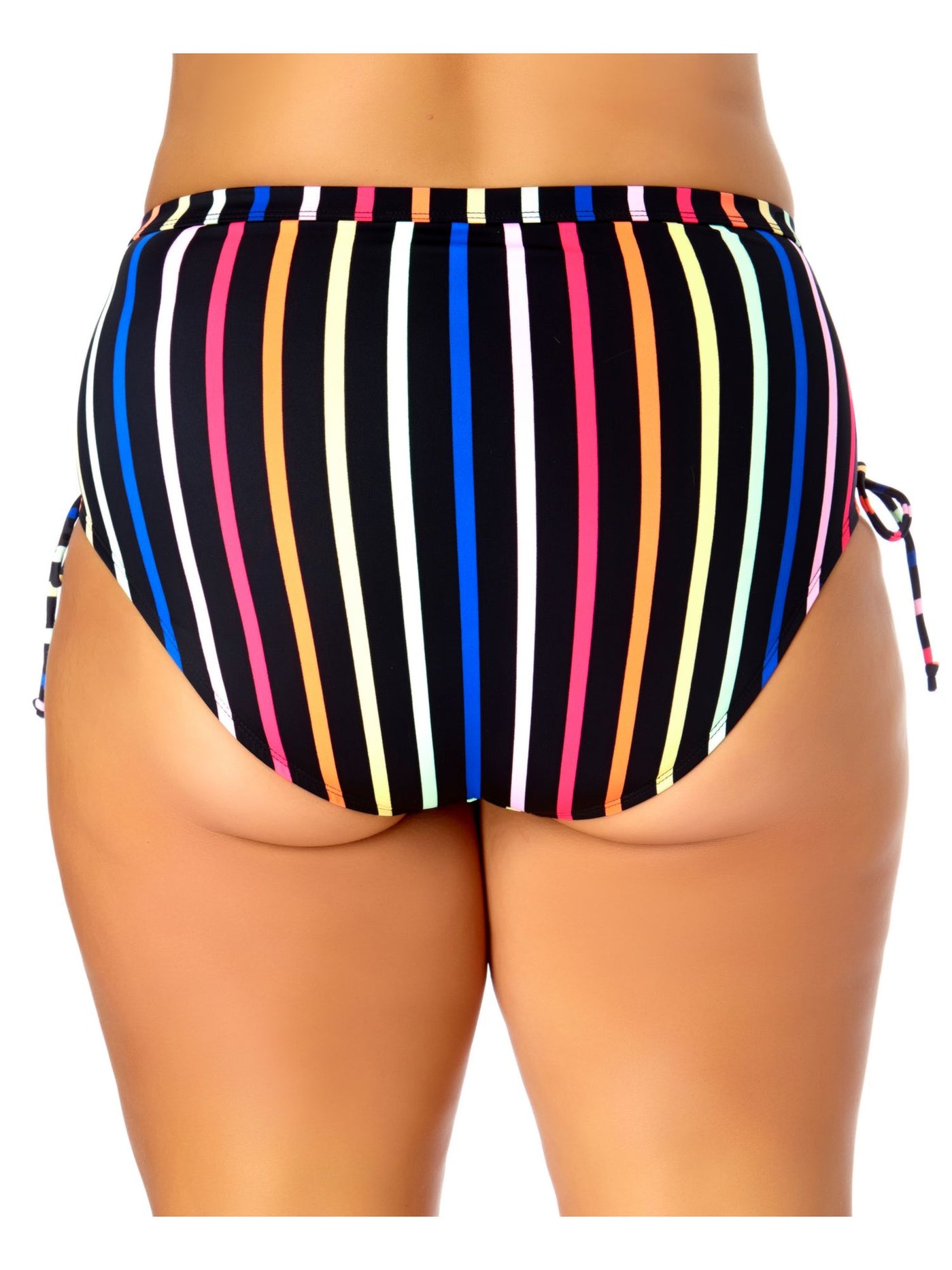 CALIFORNIA SUNSHINE Women's Black Colorblocked Stripe Stretch Lace-Up Bikini Moderate Coverage Tie High Waisted Swimsuit Bottom 2X