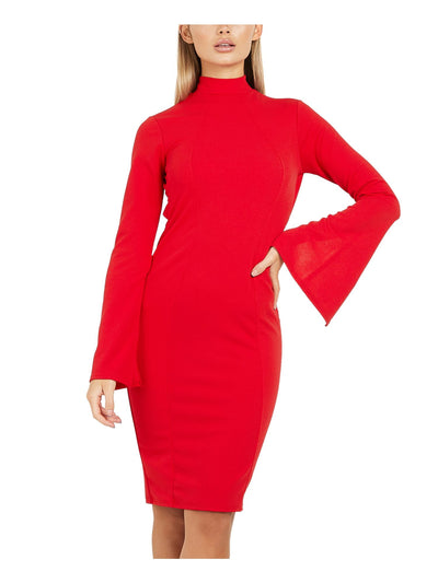 QUIZ Womens Red Stretch Low Back Darted Bell Sleeve Mock Neck Above The Knee Formal Sheath Dress 12