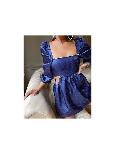 DANIELLE BERNSTEIN Womens Blue Cut Out Rhinestone Polka Dot Pouf Square Neck Mini Cocktail Fit + Flare Dress 8