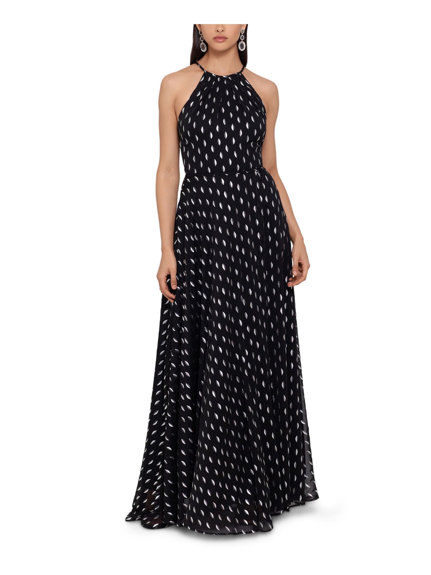 BETSY & ADAM Womens Black Slitted Printed Halter Full-Length Evening Fit + Flare Dress 12