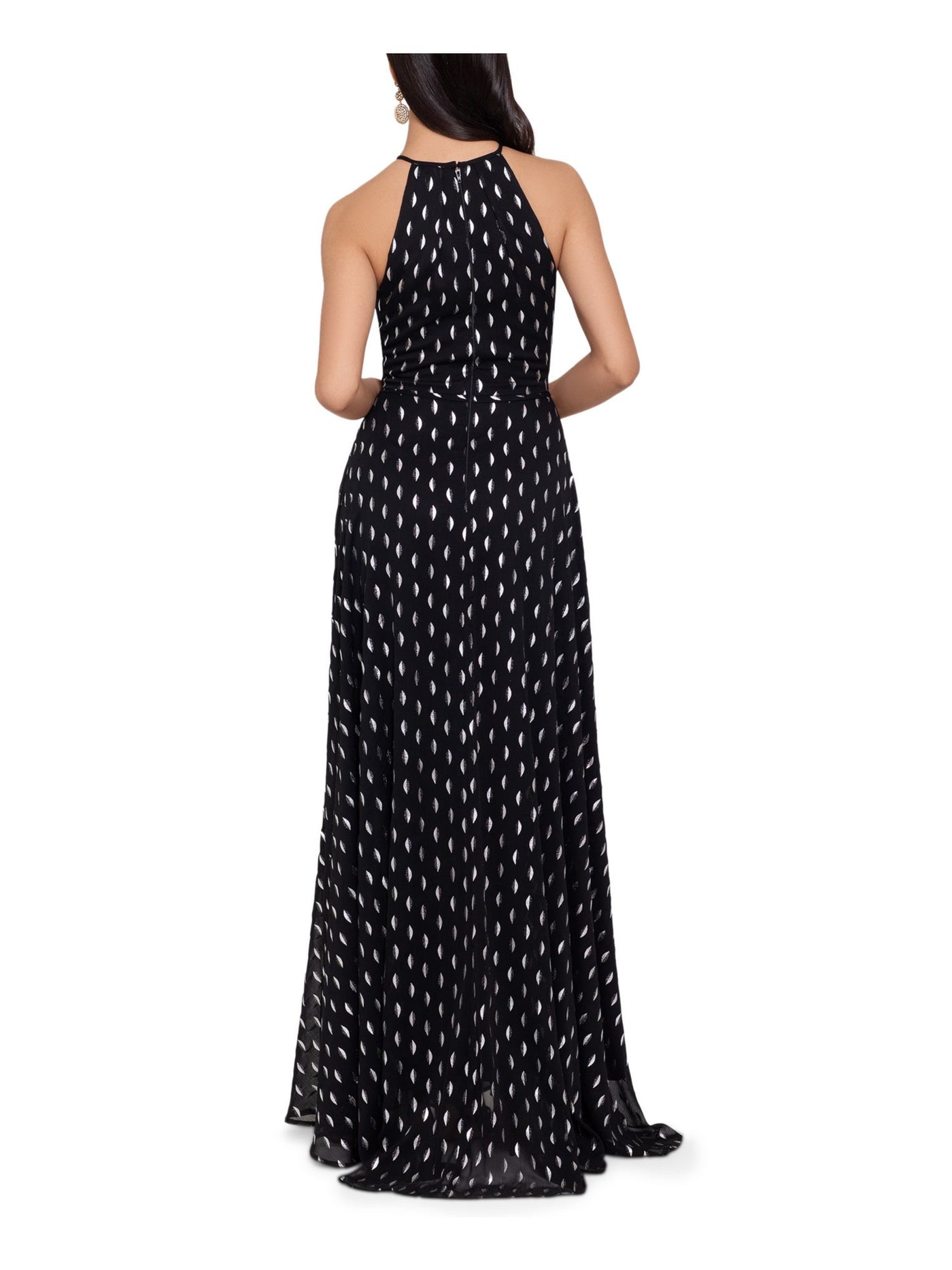 BETSY & ADAM Womens Black Slitted Printed Halter Full-Length Evening Fit + Flare Dress 12