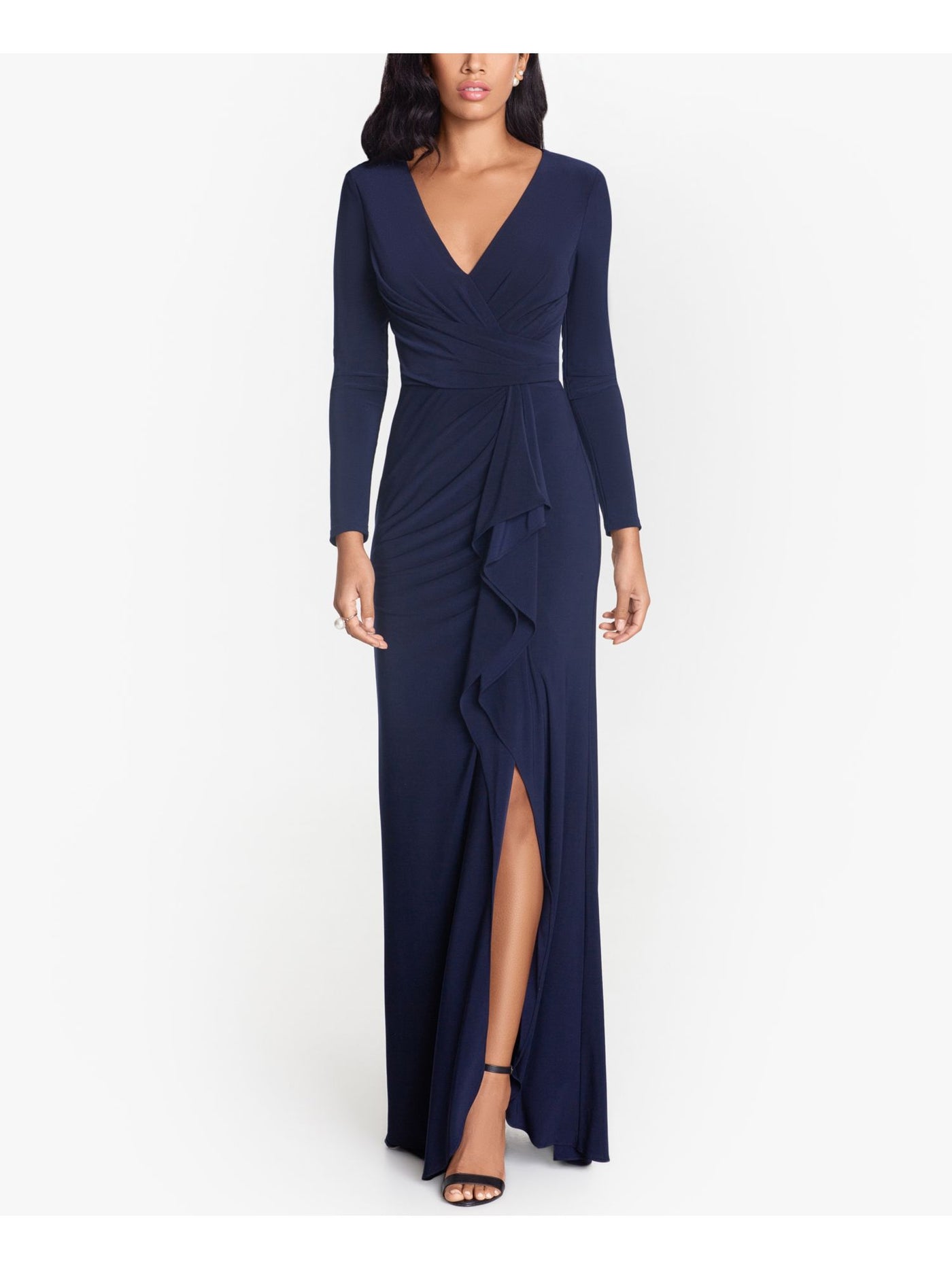 BETSY & ADAM Womens Navy Gathered Zippered Waterfall Ruffle Slit Lined Long Sleeve V Neck Full-Length Evening Gown Dress Petites 4P