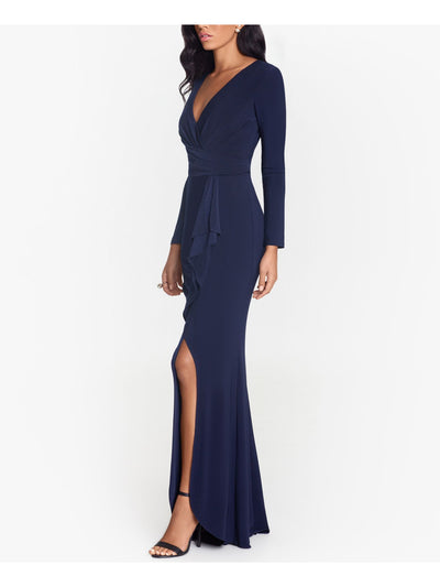 BETSY & ADAM Womens Navy Gathered Zippered Waterfall Ruffle Slit Lined Long Sleeve V Neck Full-Length Evening Gown Dress Petites 4P