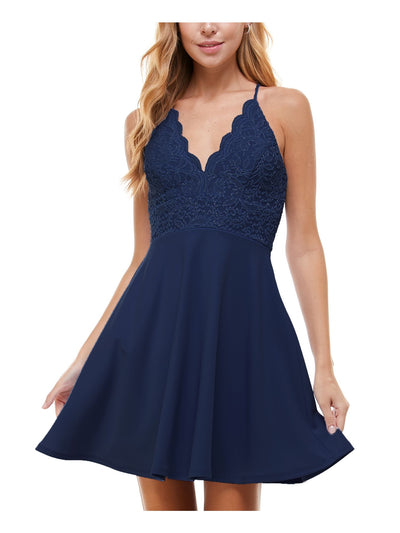 CITY STUDIO Womens Navy Lace Glitter Zippered Scalloped Sleeveless V Neck Short Party Fit + Flare Dress 3