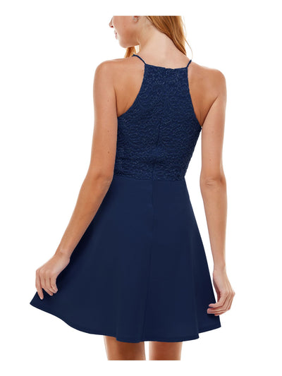 CITY STUDIO Womens Navy Lace Glitter Zippered Scalloped Sleeveless V Neck Short Party Fit + Flare Dress 3