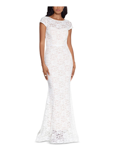 XSCAPE Womens Ivory Lace Zippered Cap Sleeve Jewel Neck Full-Length Formal Mermaid Dress 4