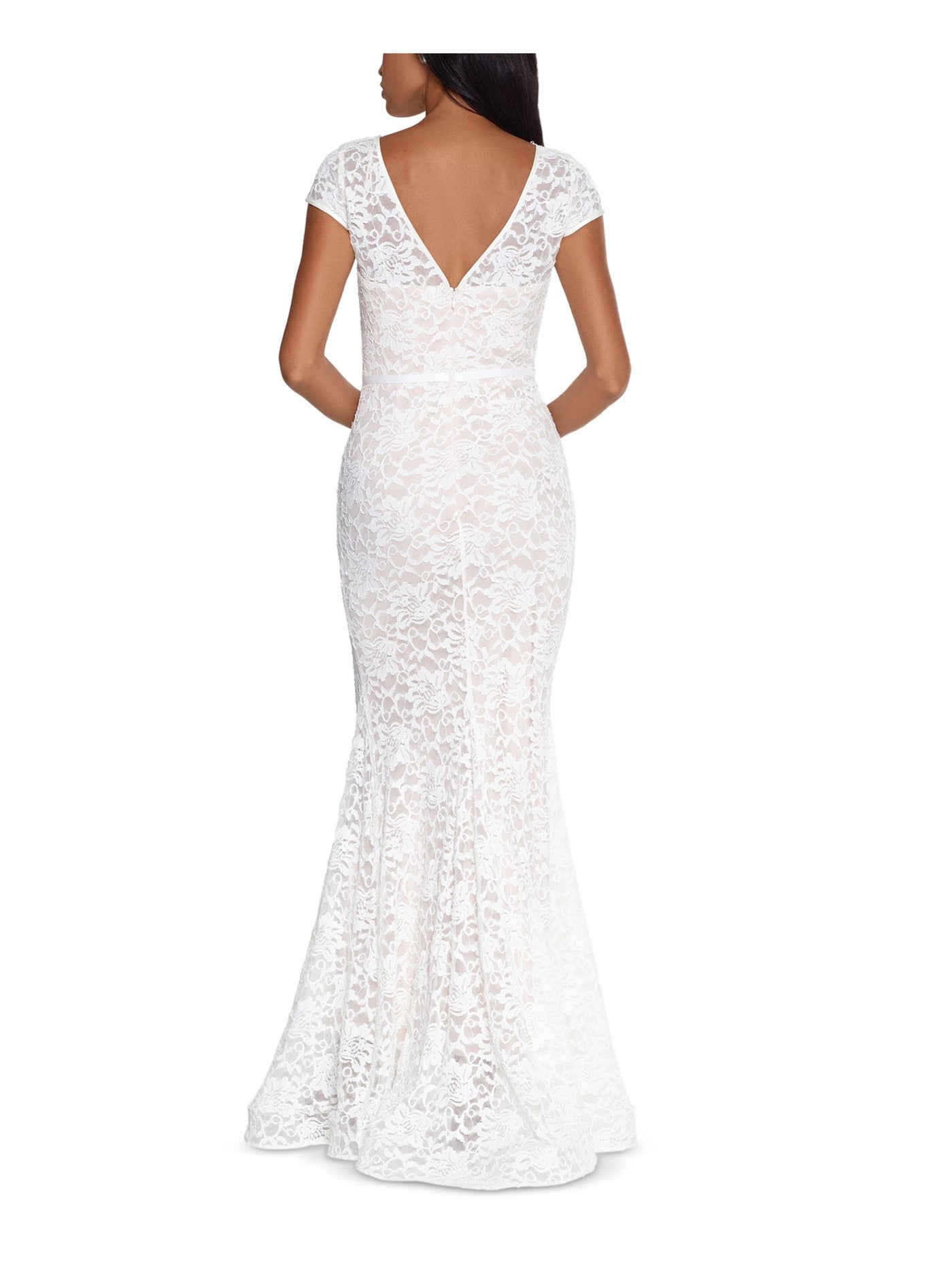 XSCAPE Womens Ivory Lace Zippered Cap Sleeve Jewel Neck Full-Length Formal Mermaid Dress 4