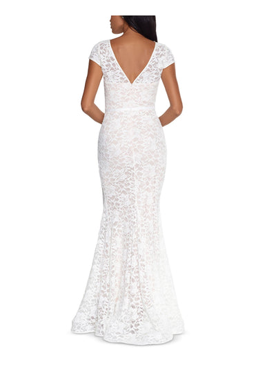 XSCAPE Womens Ivory Lace Zippered Cap Sleeve Jewel Neck Full-Length Formal Mermaid Dress 4