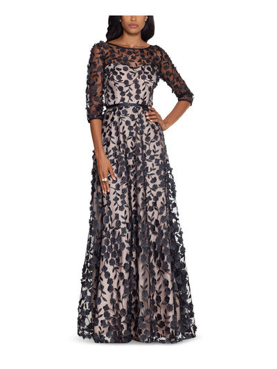 XSCAPE Womens Black Embellished Zippered V-back Floral Short Sleeve Illusion Neckline Full-Length Evening Sheath Dress 4