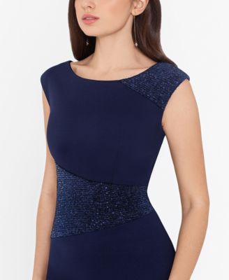 X BY XSCAPE Womens Navy Stretch Sequined Zippered Gathered Back Sleeveless Boat Neck Full-Length Evening Sheath Dress Petites 4P