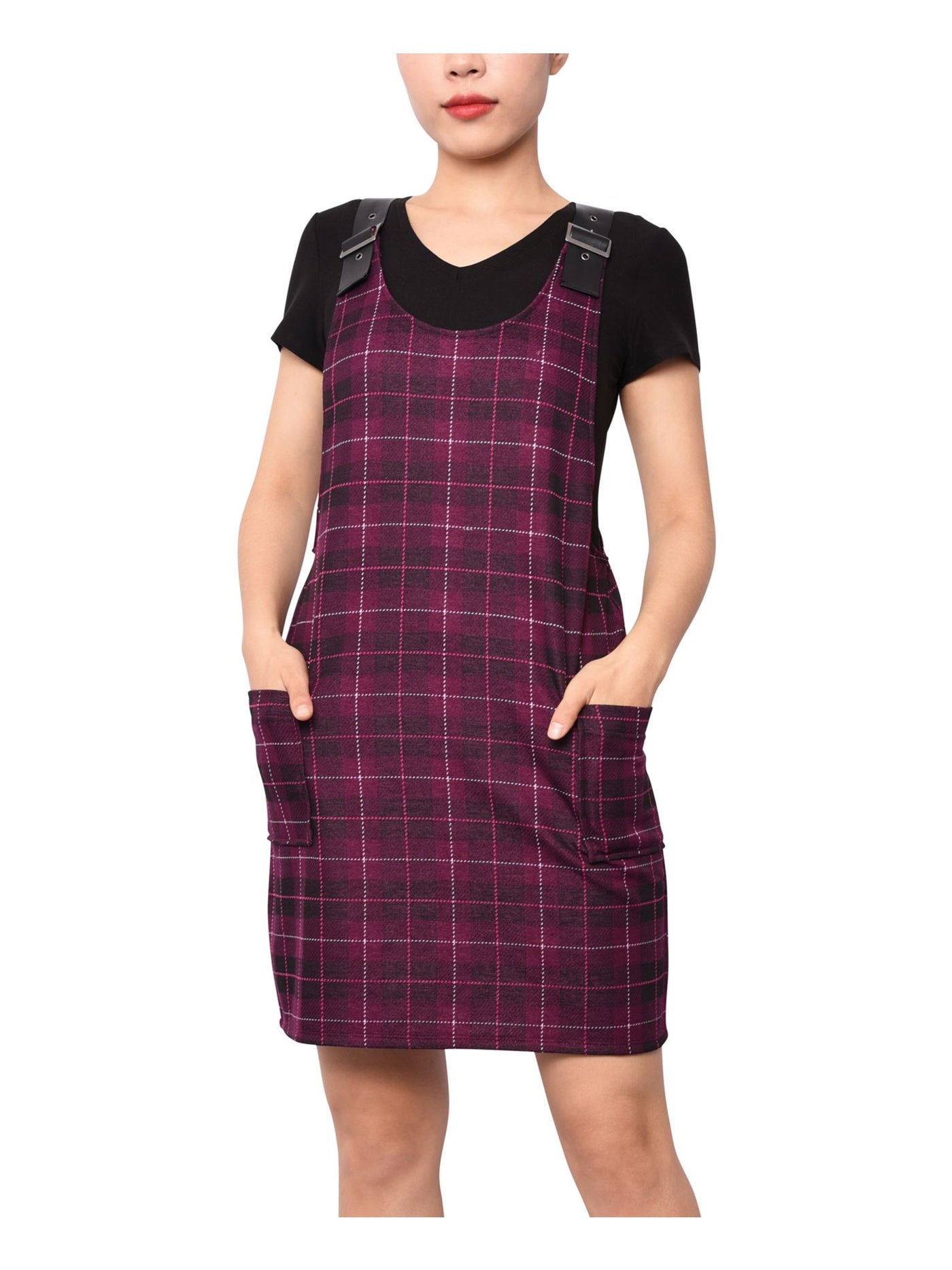 PLANET GOLD Womens Purple Plaid Sleeveless Scoop Neck Short Shift Dress XS