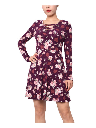 PLANET GOLD Womens Burgundy Floral Long Sleeve V Neck Above The Knee Fit + Flare Dress Juniors S