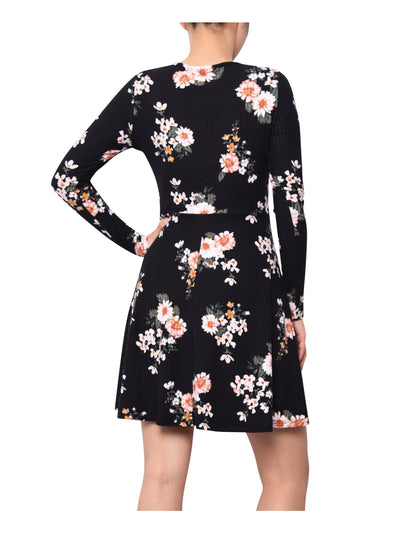 PLANET GOLD Womens Black Floral Long Sleeve V Neck Above The Knee Fit + Flare Dress Juniors S