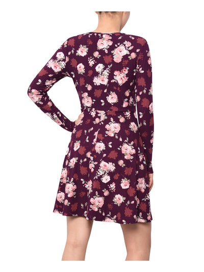 PLANET GOLD Womens Burgundy Floral Long Sleeve V Neck Above The Knee Fit + Flare Dress Juniors S