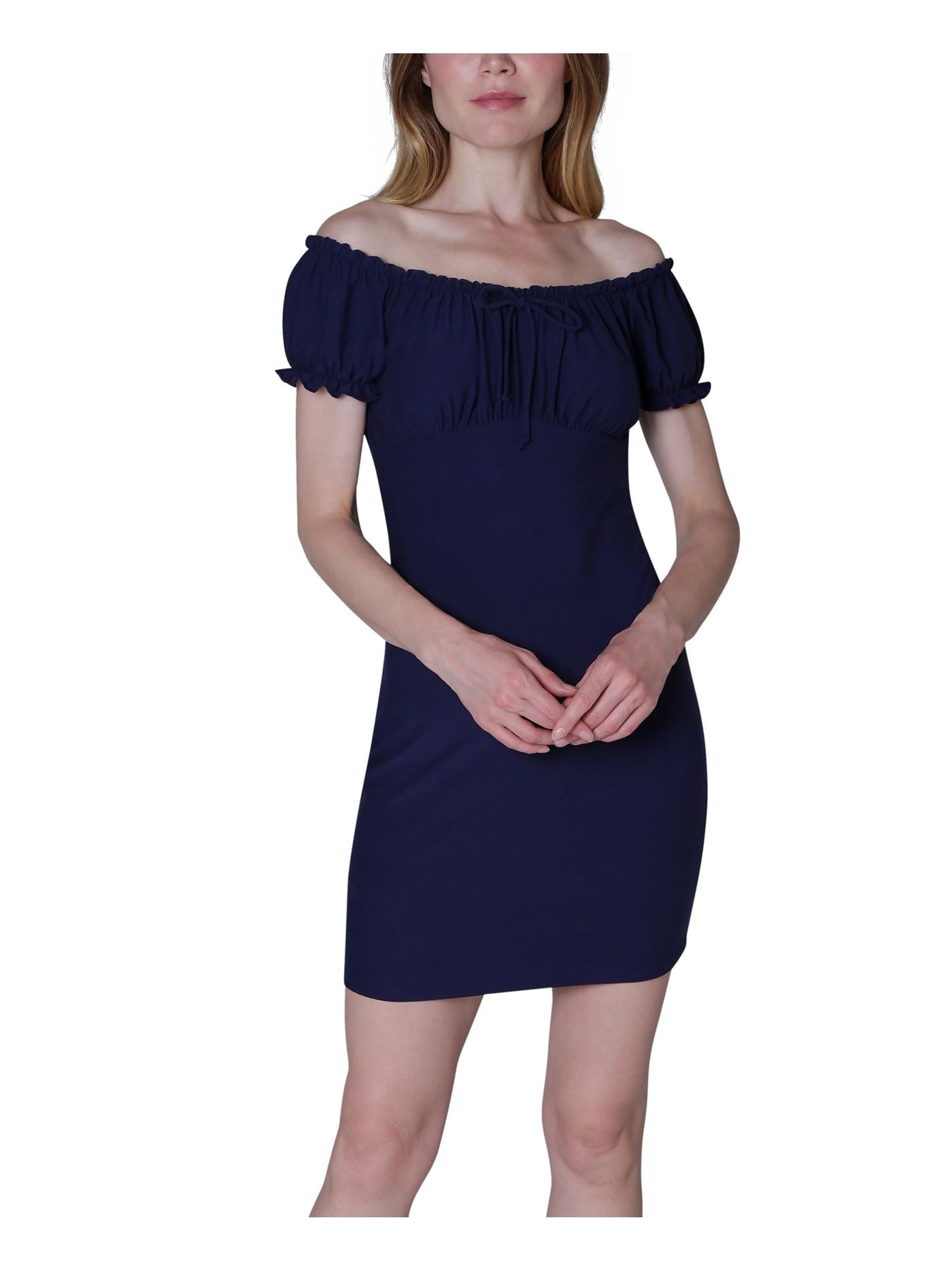 ULTRA FLIRT Womens Navy Ruched Tie Cap Sleeve Off Shoulder Mini Body Con Dress XXS