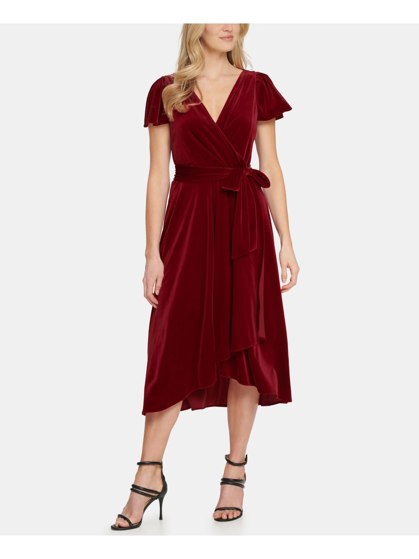 DKNY Womens Red Belted Tie Velvet Cap Sleeve V Neck Tea-Length Evening Empire Waist Dress 2