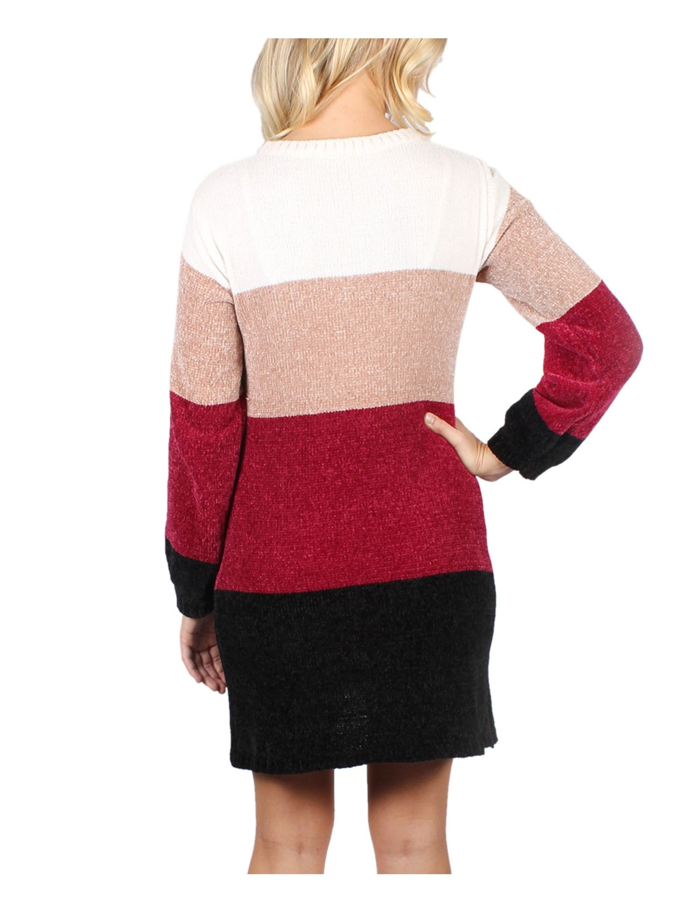 CRYSTAL DOLLS Womens Burgundy Color Block Long Sleeve Jewel Neck Above The Knee Sheath Dress Juniors S