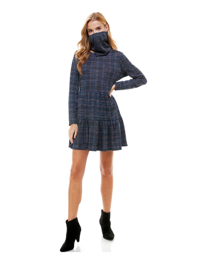 BEBOP Womens Navy Plaid Long Sleeve Scoop Neck Short Fit + Flare Dress XXL