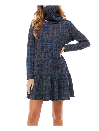 BEBOP Womens Navy Plaid Long Sleeve Scoop Neck Short Fit + Flare Dress XXL