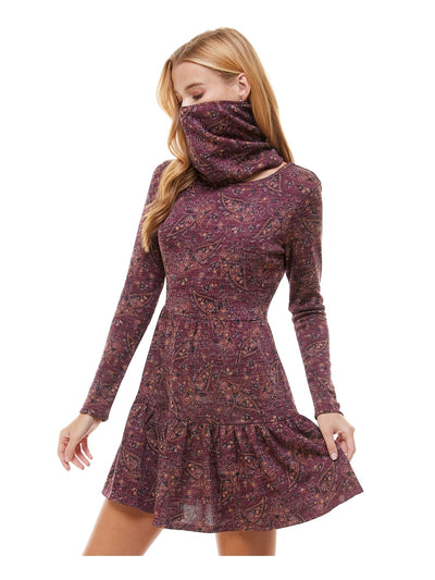 BEBOP Womens Burgundy Printed Long Sleeve Scoop Neck Short Sheath Dress XXL