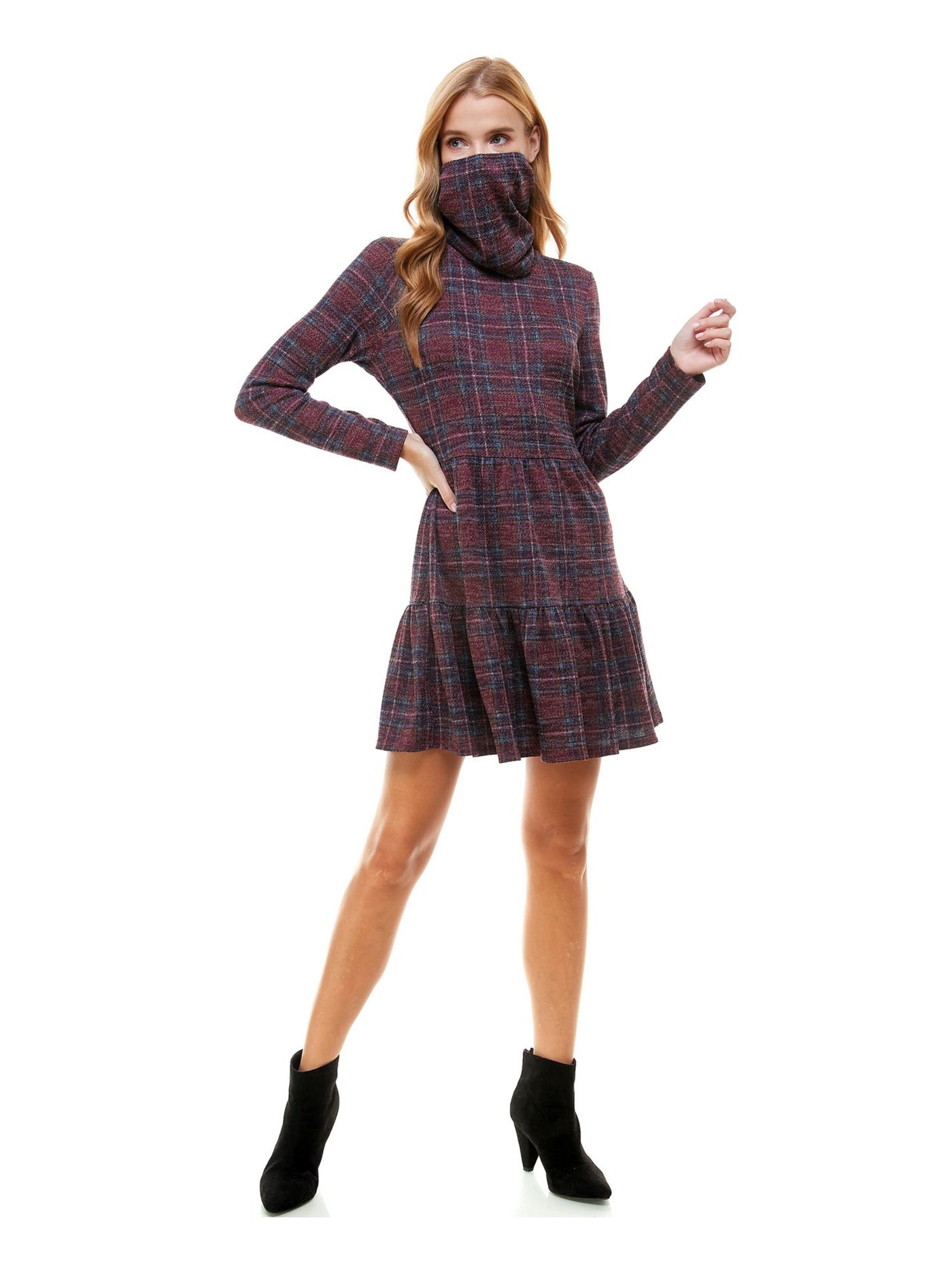 BEBOP Womens Purple Ruffled Tiered Plaid Long Sleeve Dress XXL