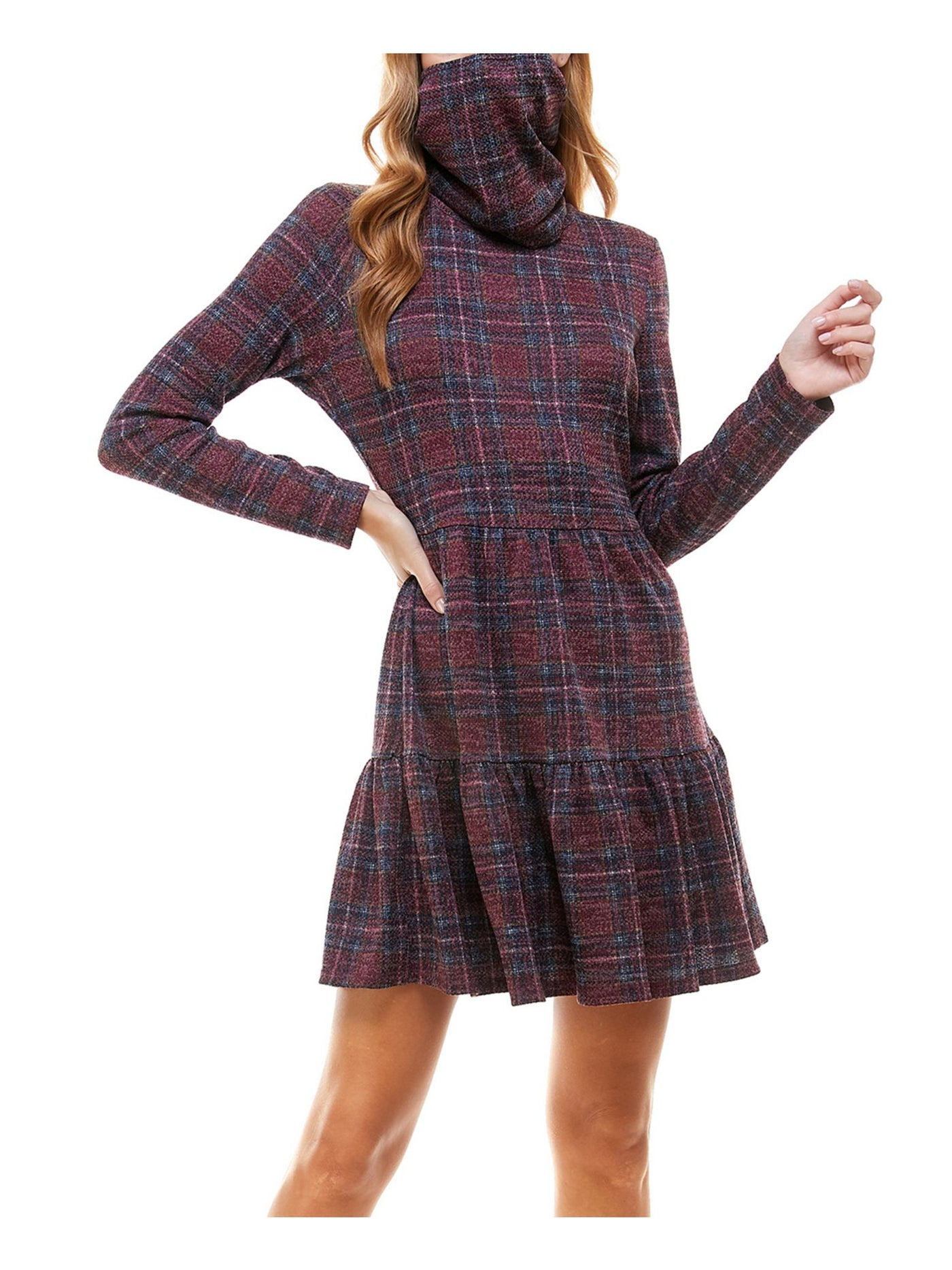 BEBOP Womens Burgundy Plaid Long Sleeve Jewel Neck Short Drop Waist Dress S