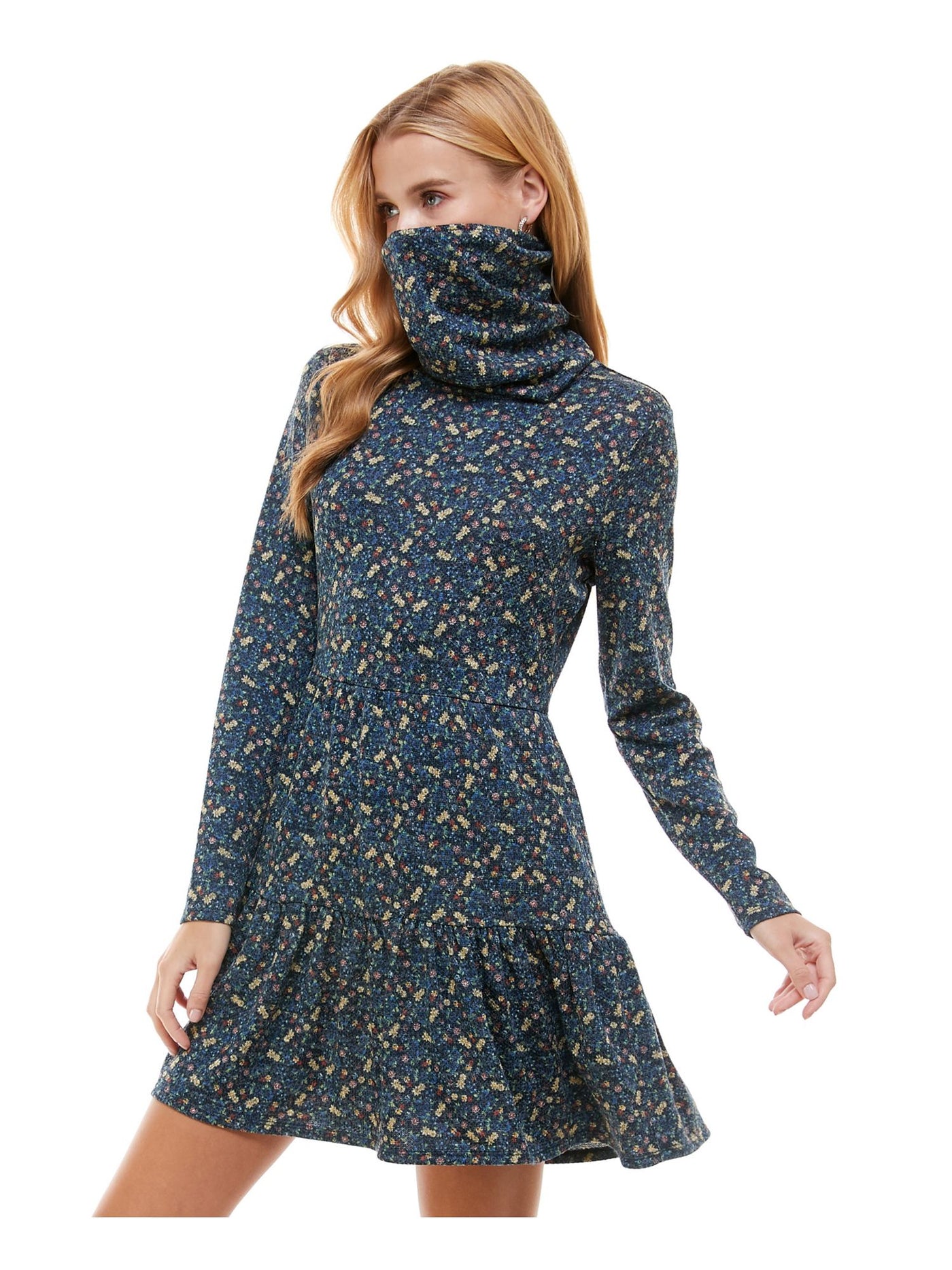 BEBOP Womens Navy Floral Long Sleeve Jewel Neck Mini Fit + Flare Dress XS