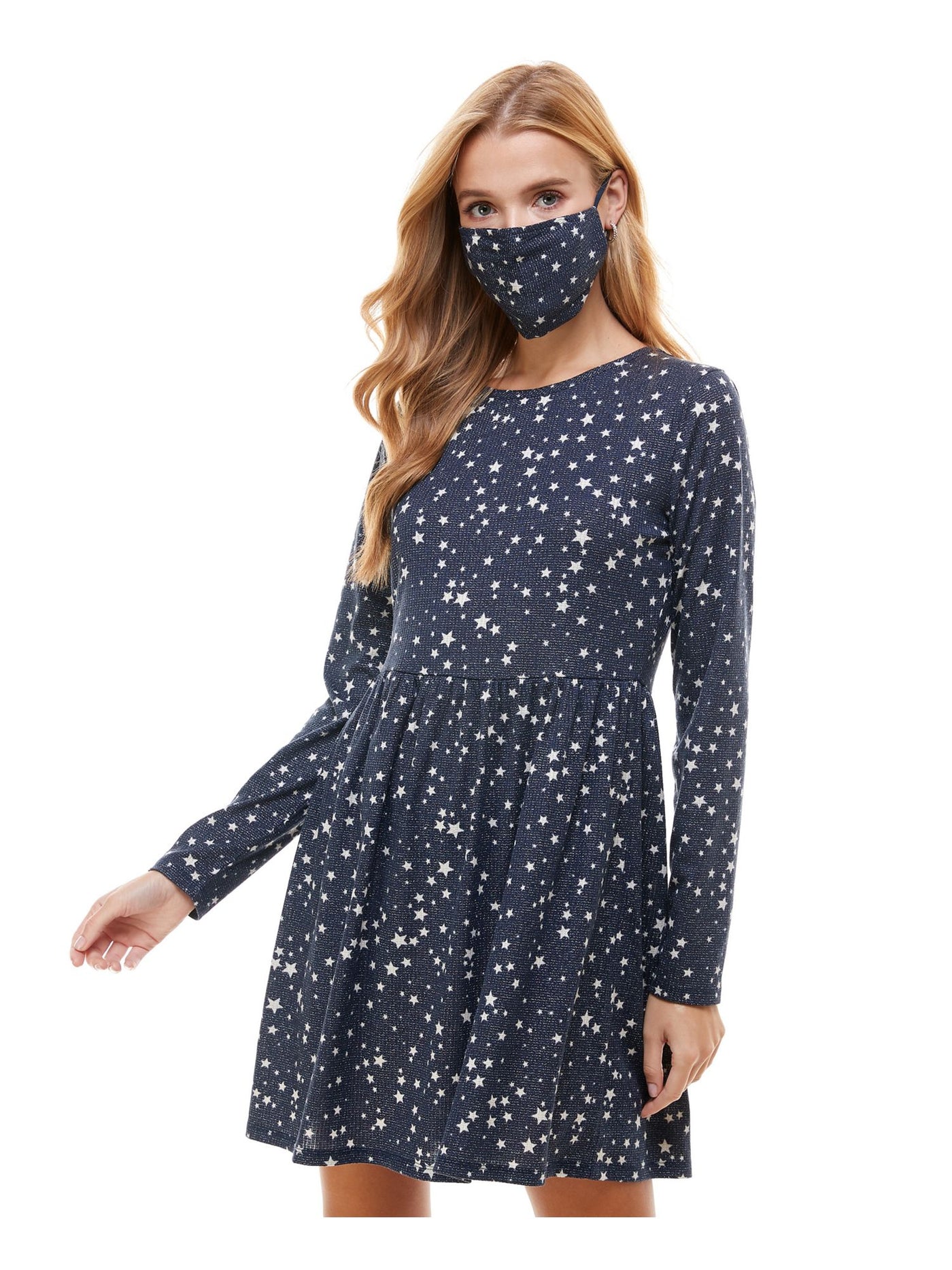 BEBOP Womens Navy Printed Long Sleeve Crew Neck Short Fit + Flare Dress S