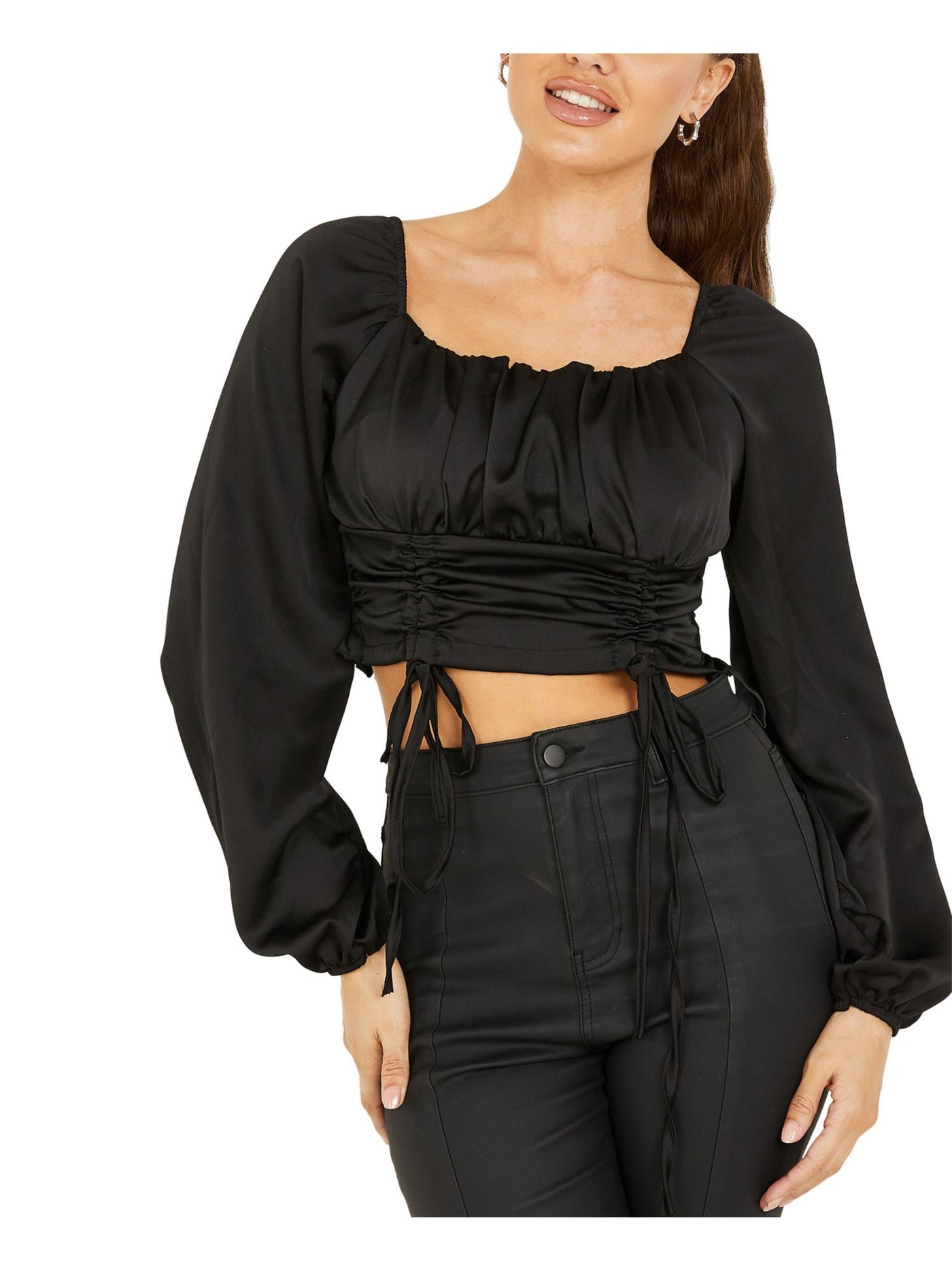 QUIZ Womens Black Ruched Tie Blouson Sleeve Square Neck Crop Top S