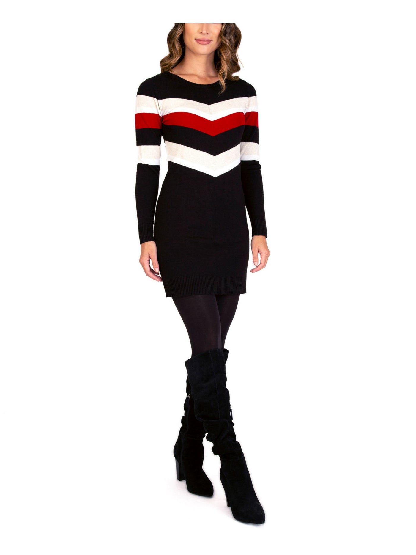 BCX Womens Black Glitter Sweater Striped Long Sleeve Round Short Sheath Dress Juniors M