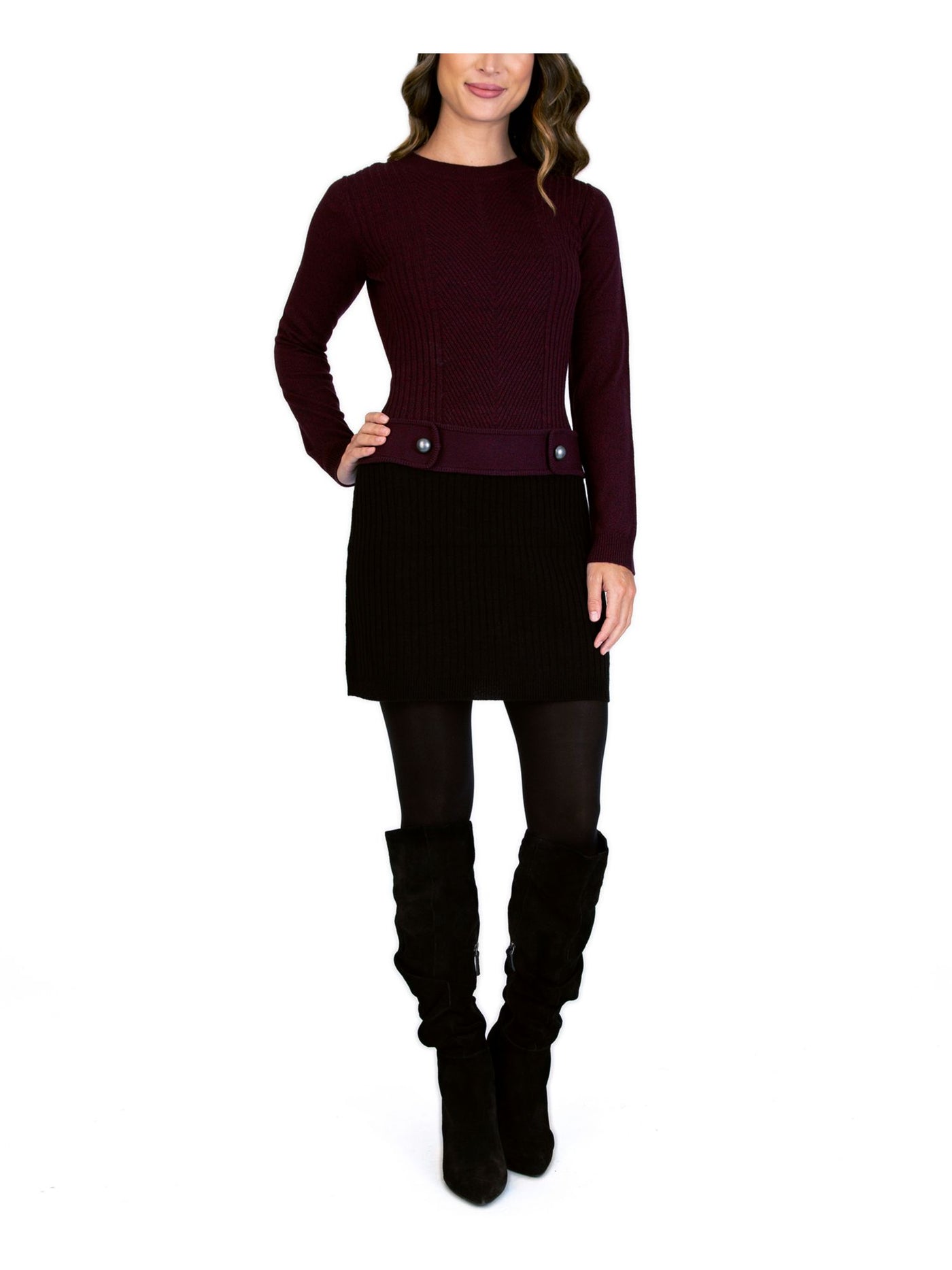 BCX DRESS Womens Burgundy Embellished Sweater Color Block Long Sleeve Crew Neck Short Sheath Dress Juniors L