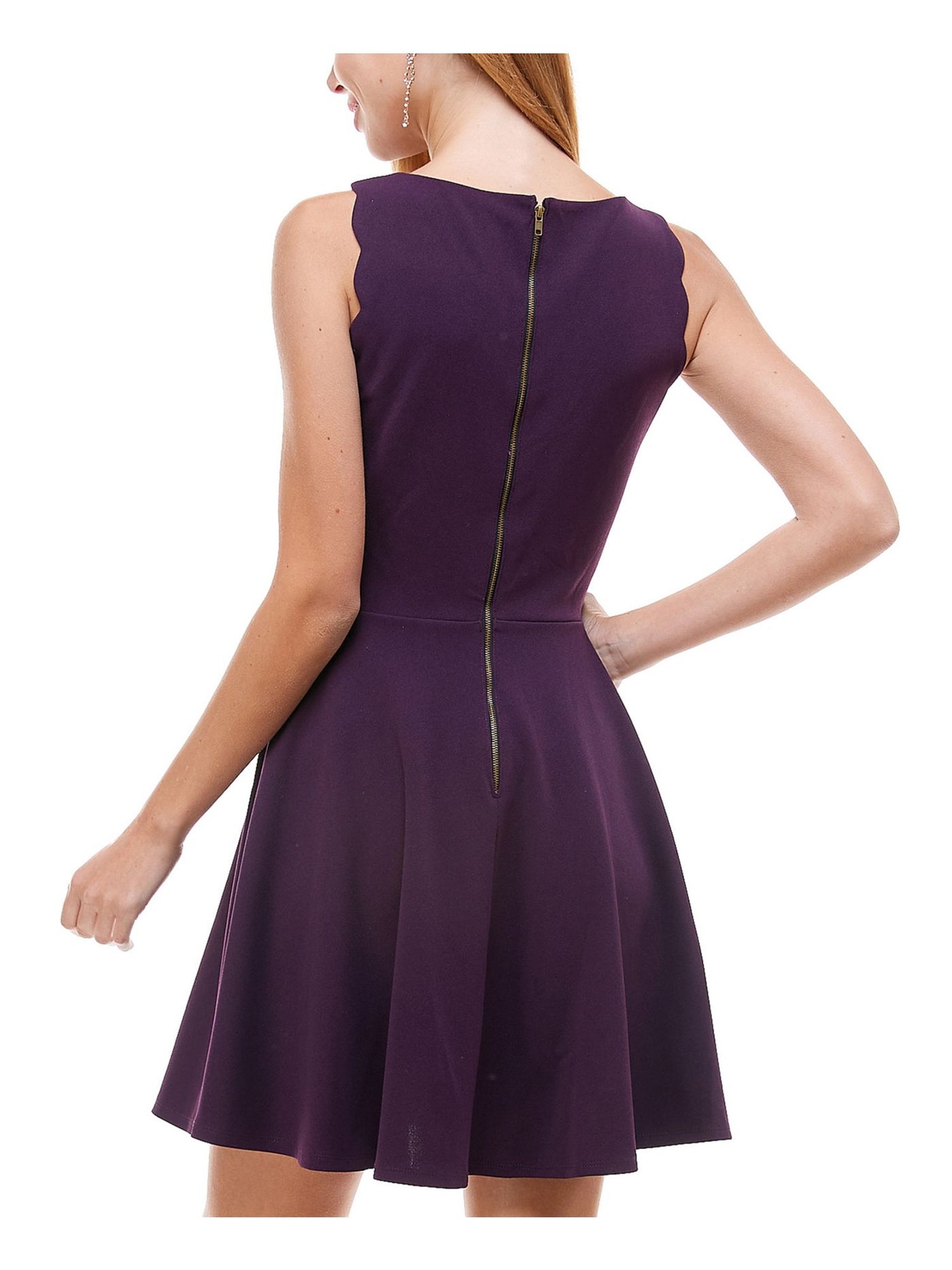 CITY STUDIO Womens Purple Zippered Scalloped Edge Sleeveless Crew Neck Short Party Fit + Flare Dress 9