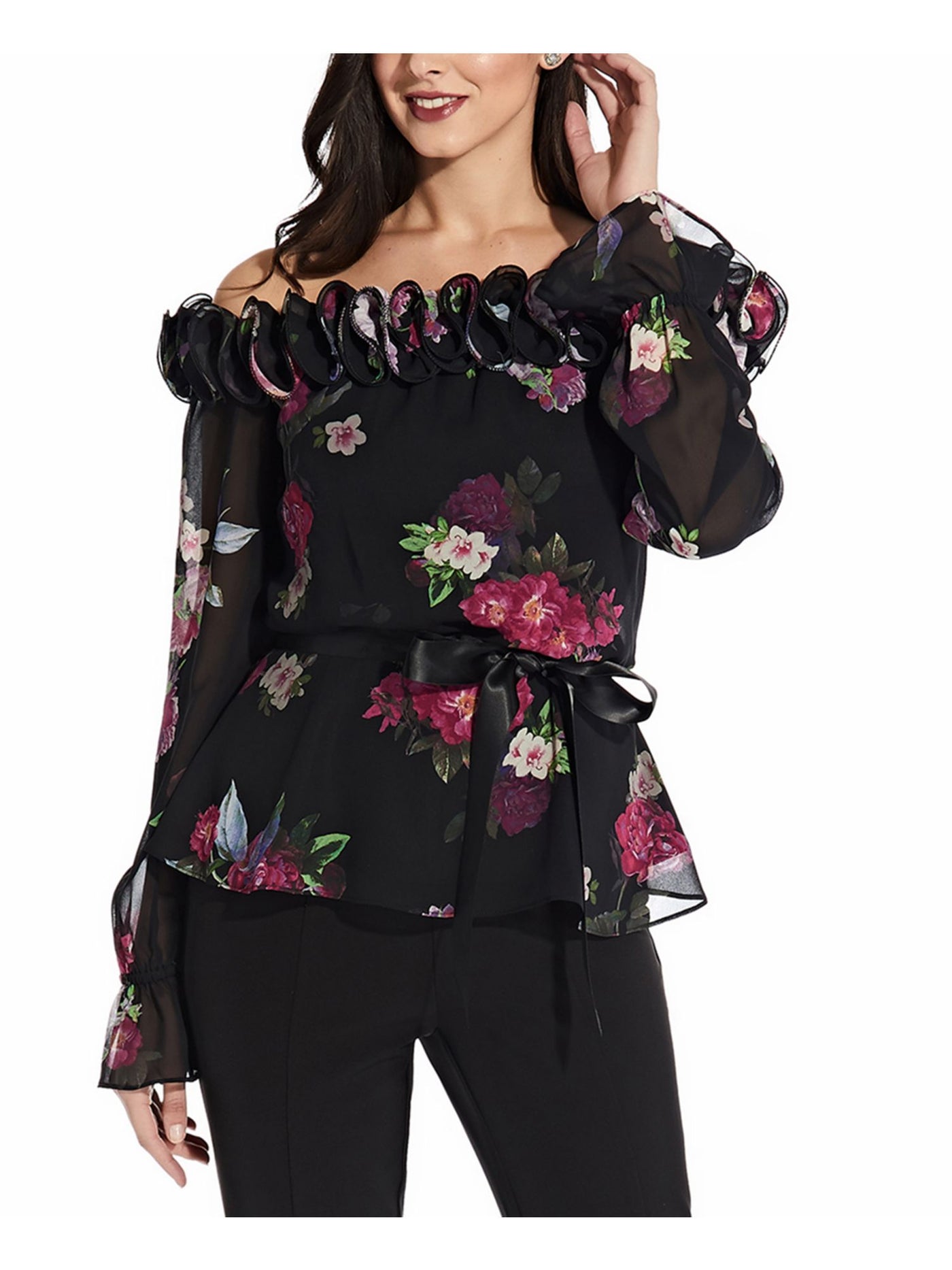 ADRIANNA PAPELL Womens Black Ruffled Belted Elastic Waist Lined Floral Long Sleeve Off Shoulder Evening Top 2