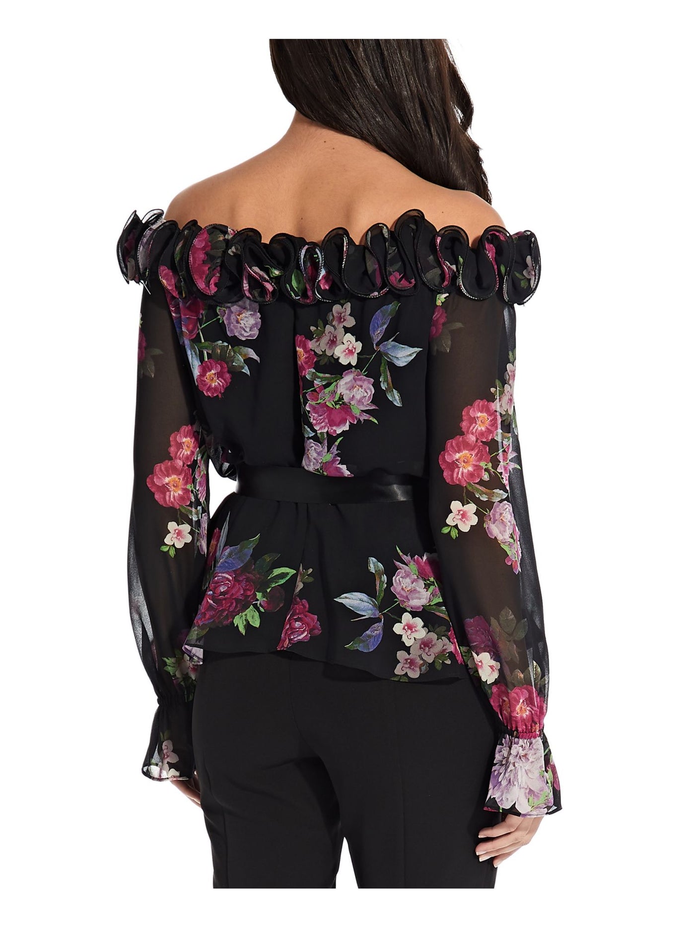 ADRIANNA PAPELL Womens Black Ruffled Belted Elastic Waist Lined Floral Long Sleeve Off Shoulder Evening Top 2