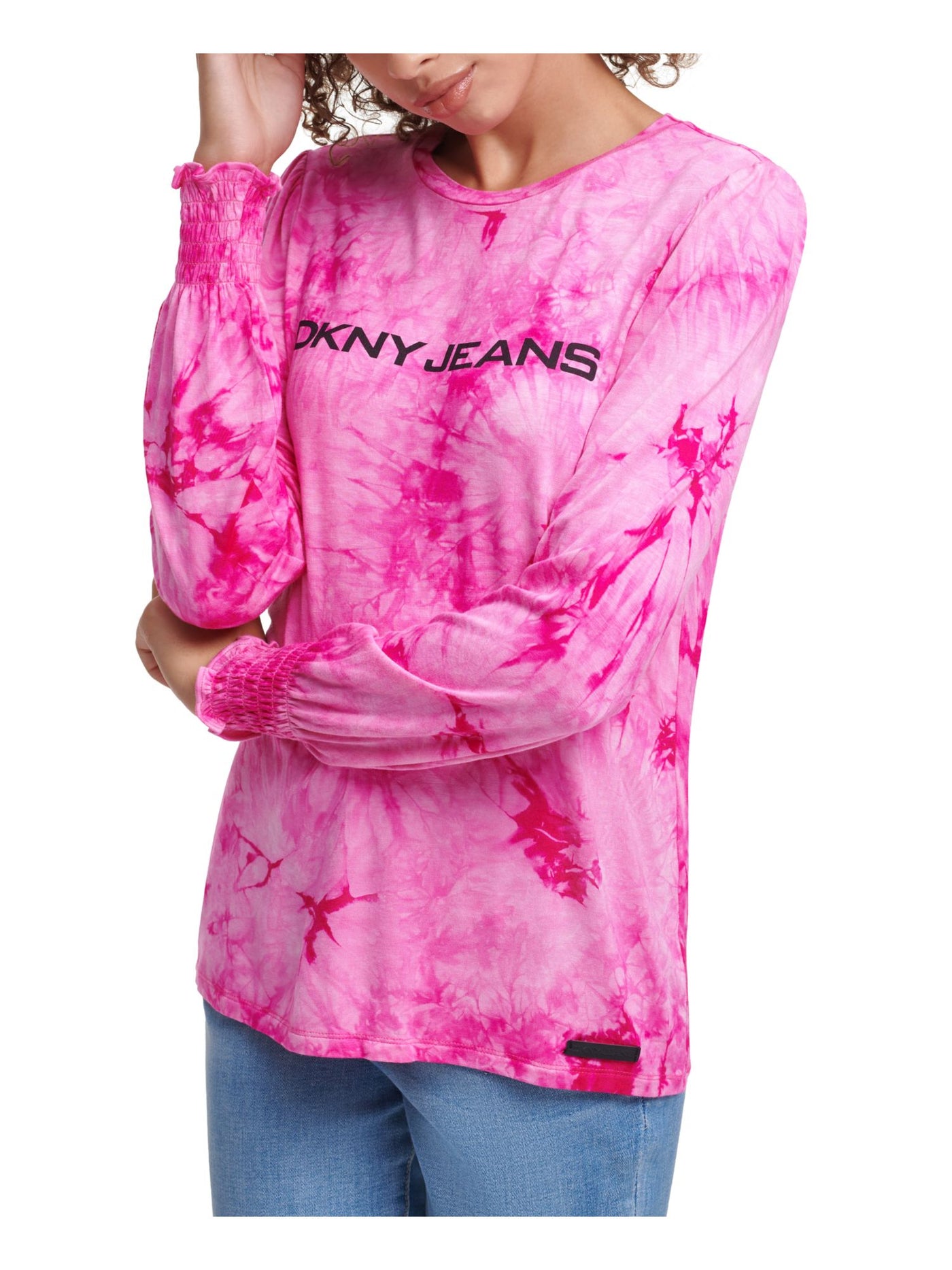 DKNY Womens Pink Tie Dye Long Sleeve Jewel Neck Top XS